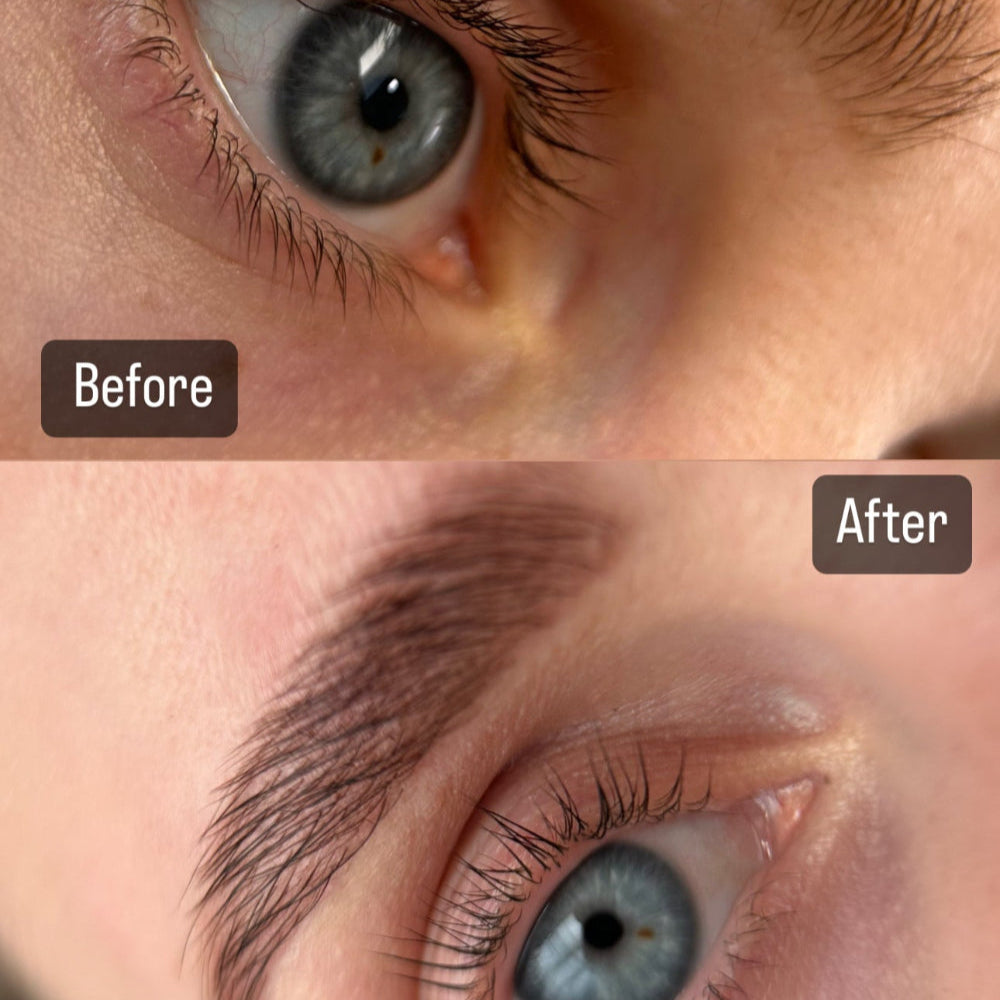 Before and after comparison of eye makeup application on a person's face.